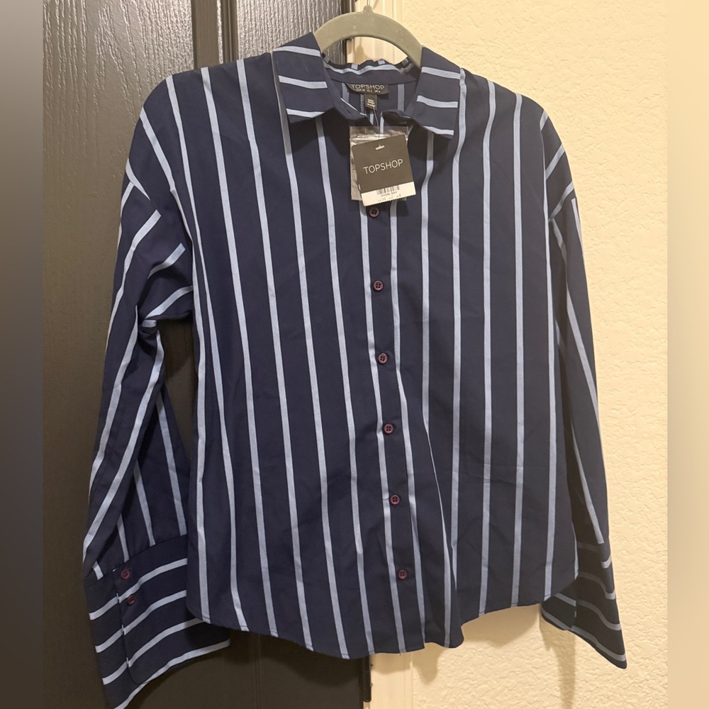 Topshop Navy Stripe Button Down with Open Tie Back | Size US 2 | NWT - Picture 5 of 5